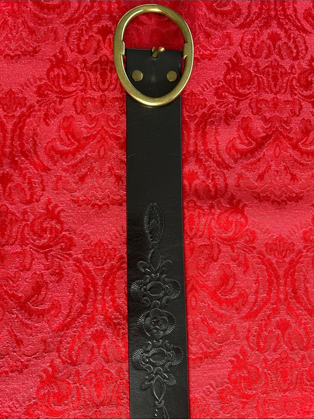 Banana Republic Black Italian Leather Belt Embossed Floral Solid Brass USA 30